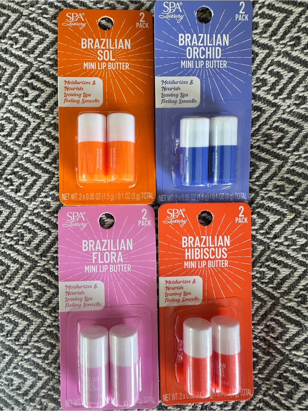Spa Luxury Brazilian Mini Lip Butter Balms Set - Sol, Orchid, Flora & Hibiscus